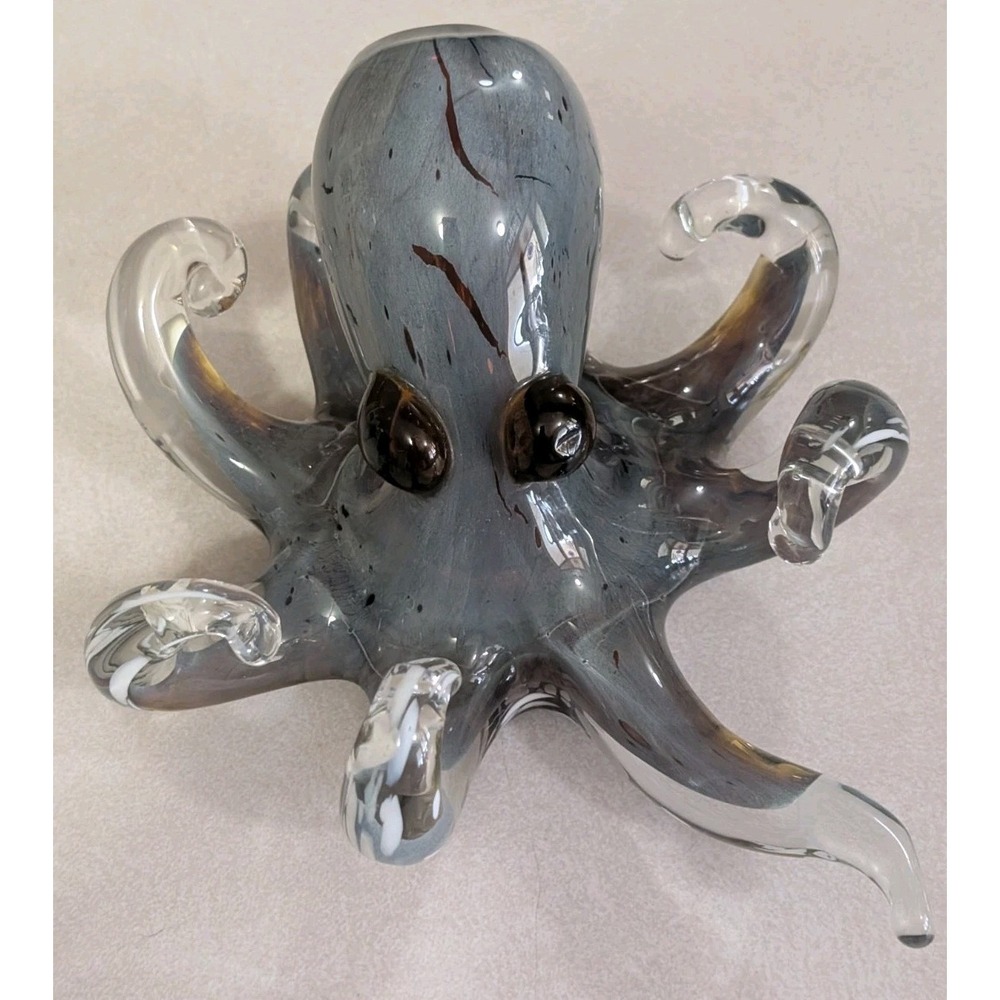 8" Hand Blown Glass Octopus Brown/Amber/Clear Sea Creature Figurine Sculpture
